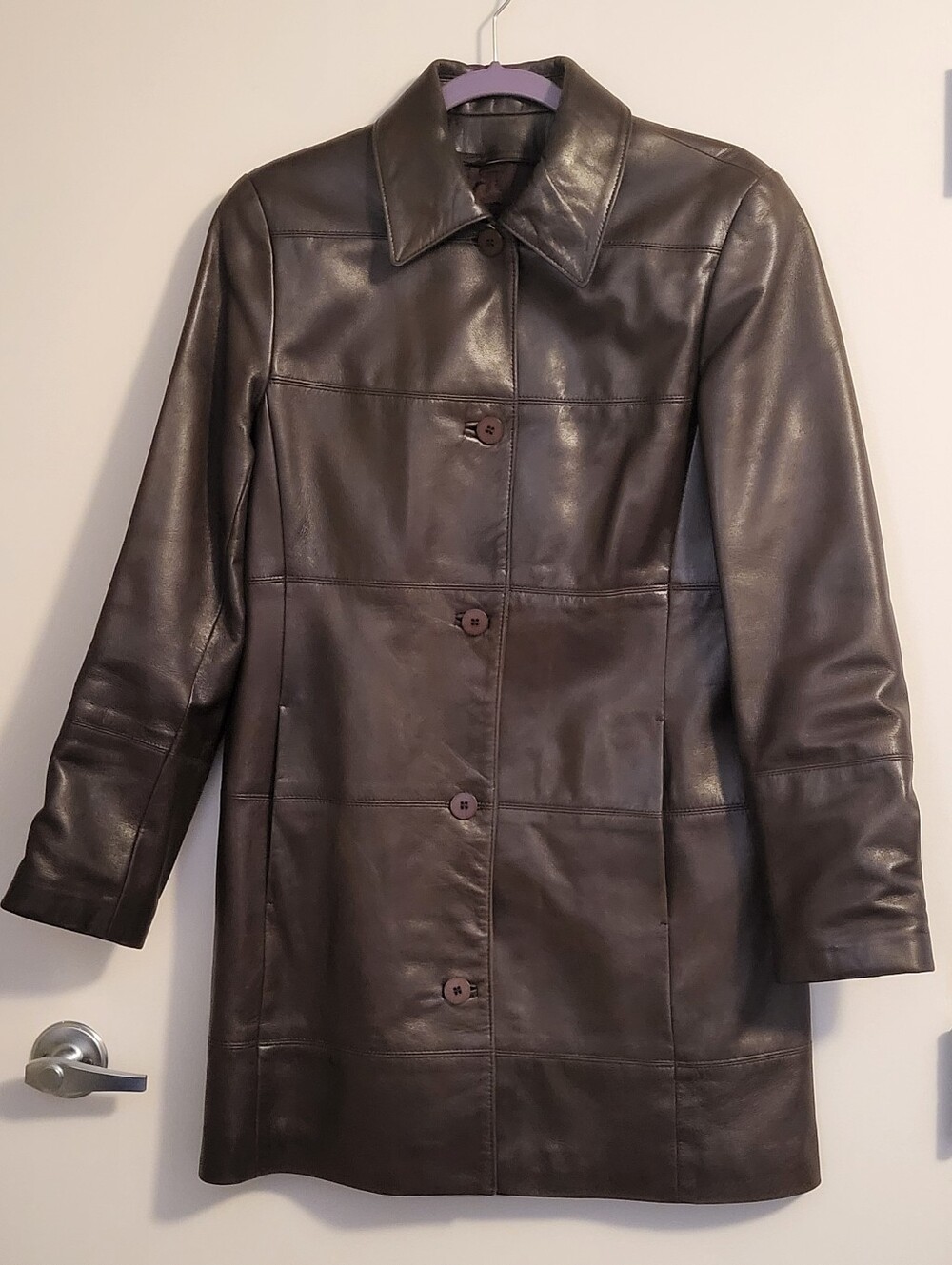 Vintage Danier Mid-length Leather Jacket Trench Coat w Pockets Sz S Dark Brown - Picture 6 of 16
